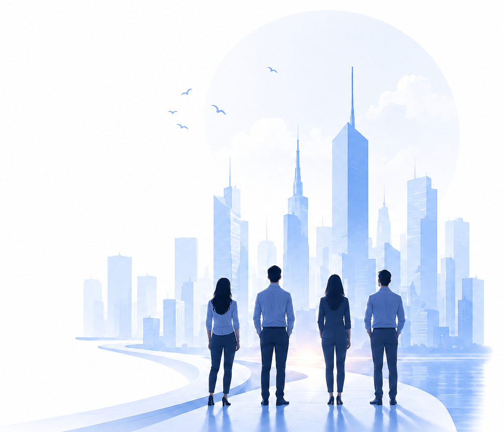 Four teammates seen from behind on a waterfront plaza, looking toward a blue city skyline at dawn.